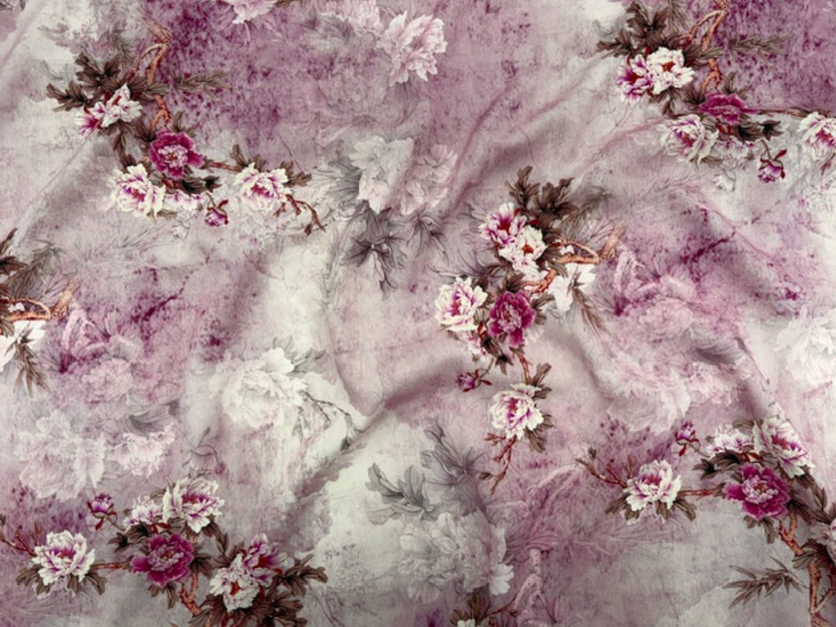 Pink floral printed viscose fabric with cloudy floral pattern from Cheap Fabrics' Deluxe Printed Viscose Fabric collection.