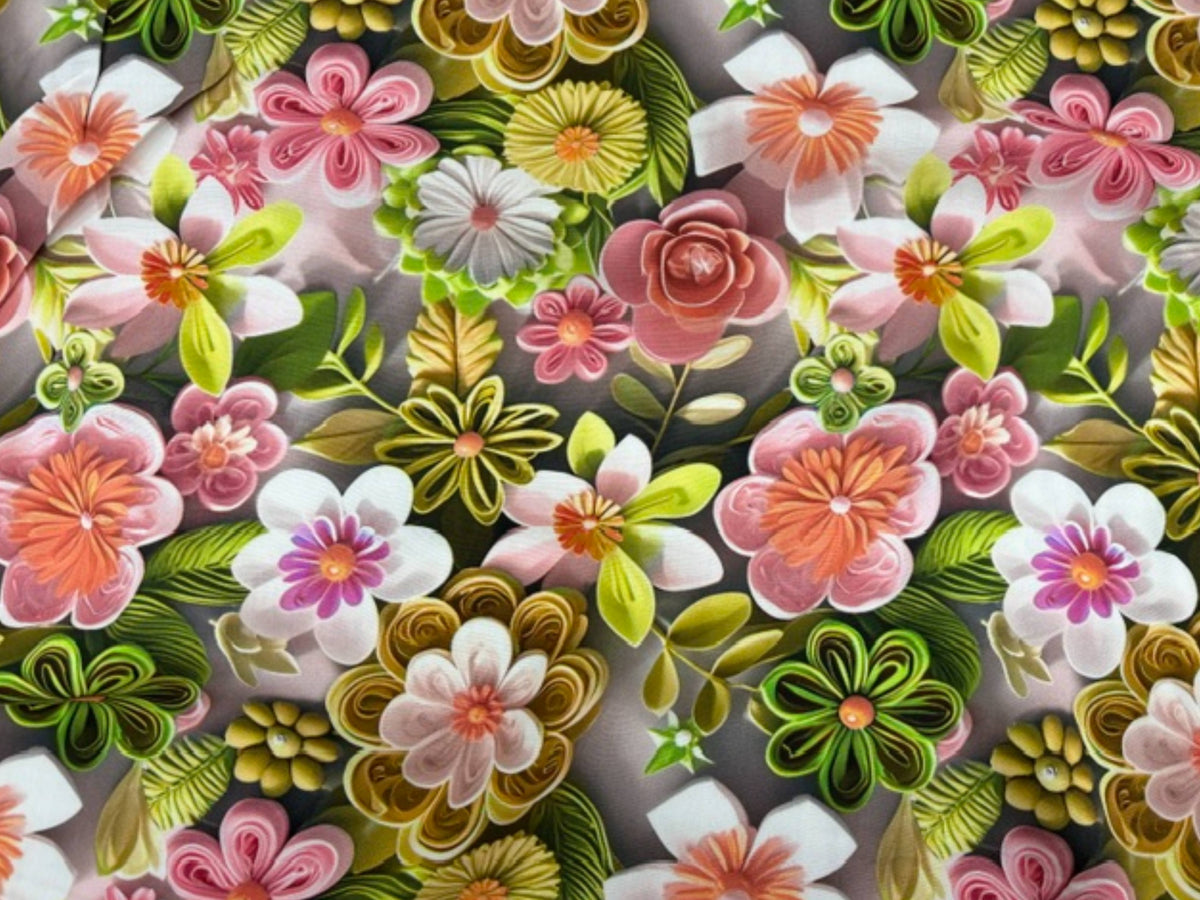Bright green and pink floral printed viscose fabric from Cheap Fabrics featuring a vibrant flower power pattern.