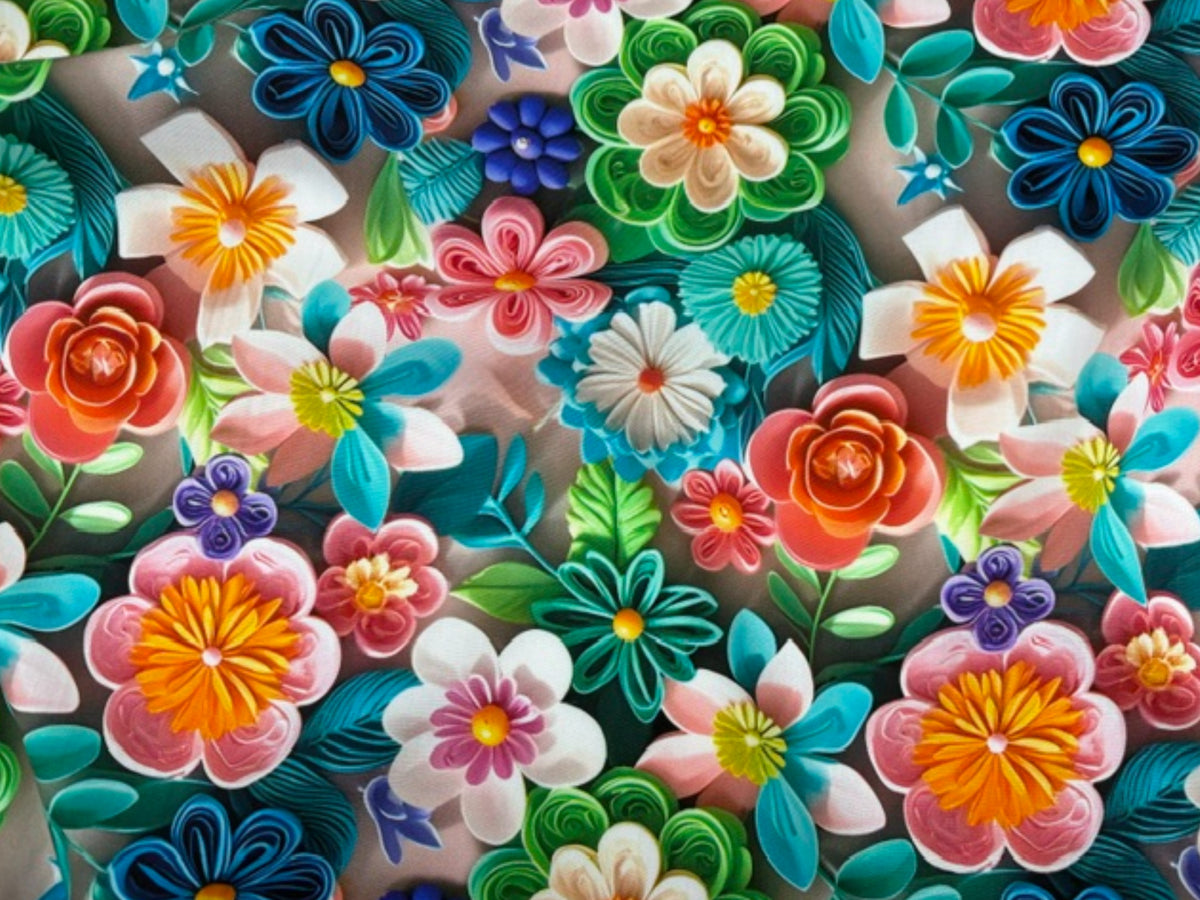 Jade green Deluxe Printed Viscose Fabric by Cheap Fabrics featuring vibrant flower power floral pattern.