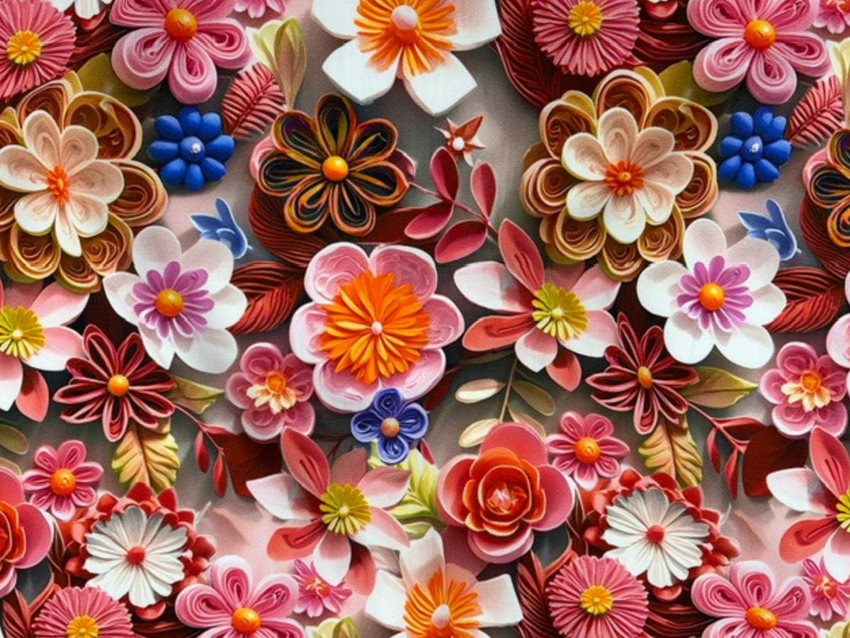 Bright orange and coral floral printed viscose fabric by Cheap Fabrics, showcasing vibrant flower power design.