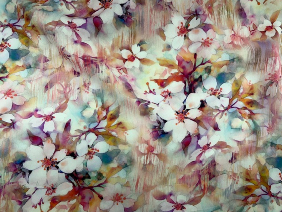 Deluxe printed viscose fabric with fluid floral pattern in cerise, by Cheap Fabrics, showcasing vibrant, soft-textured textile material.