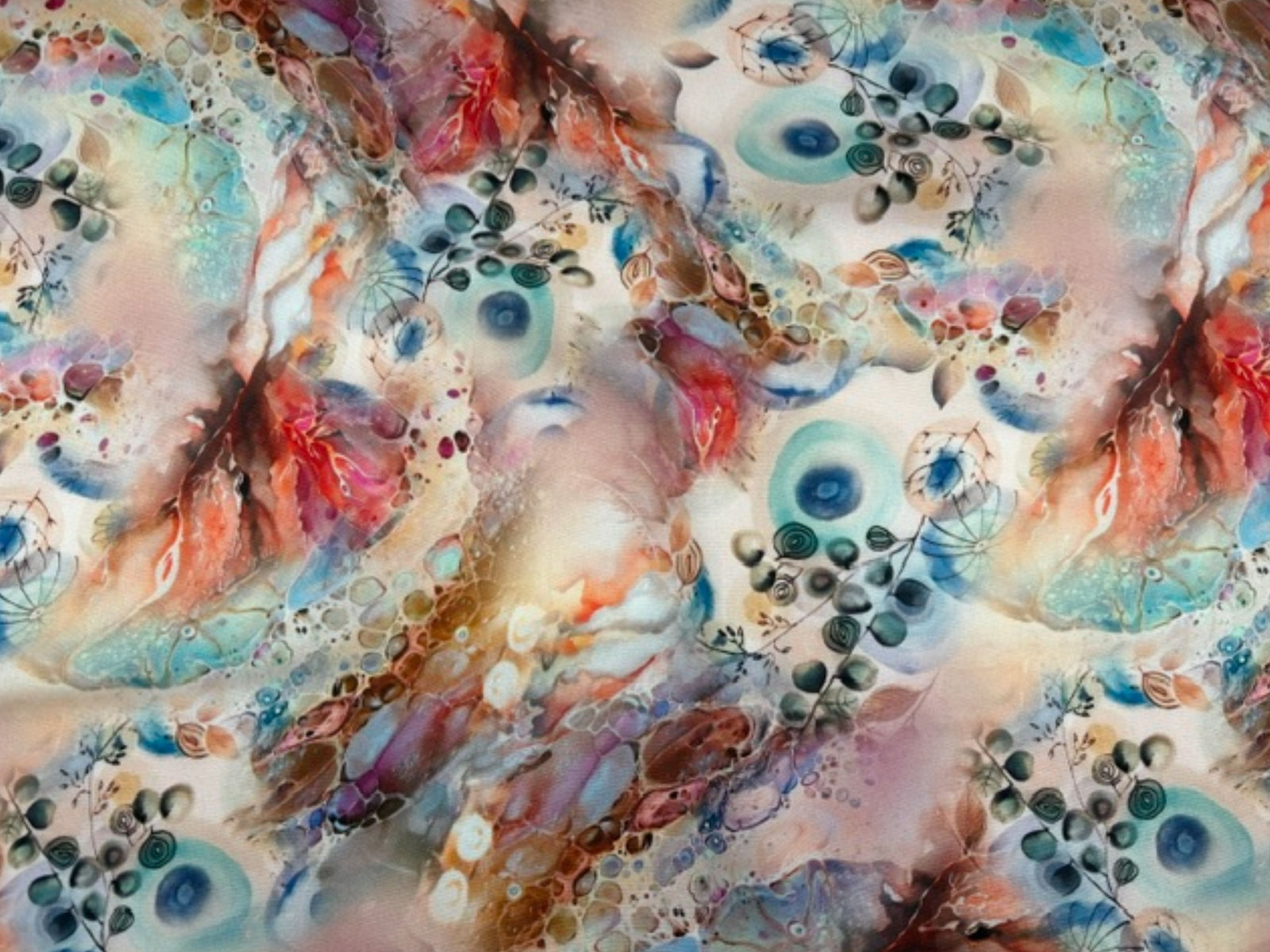 Printed viscose fabric in marine with jade and coral patterns, showcasing a smooth, lightweight textile from Cheap Fabrics.