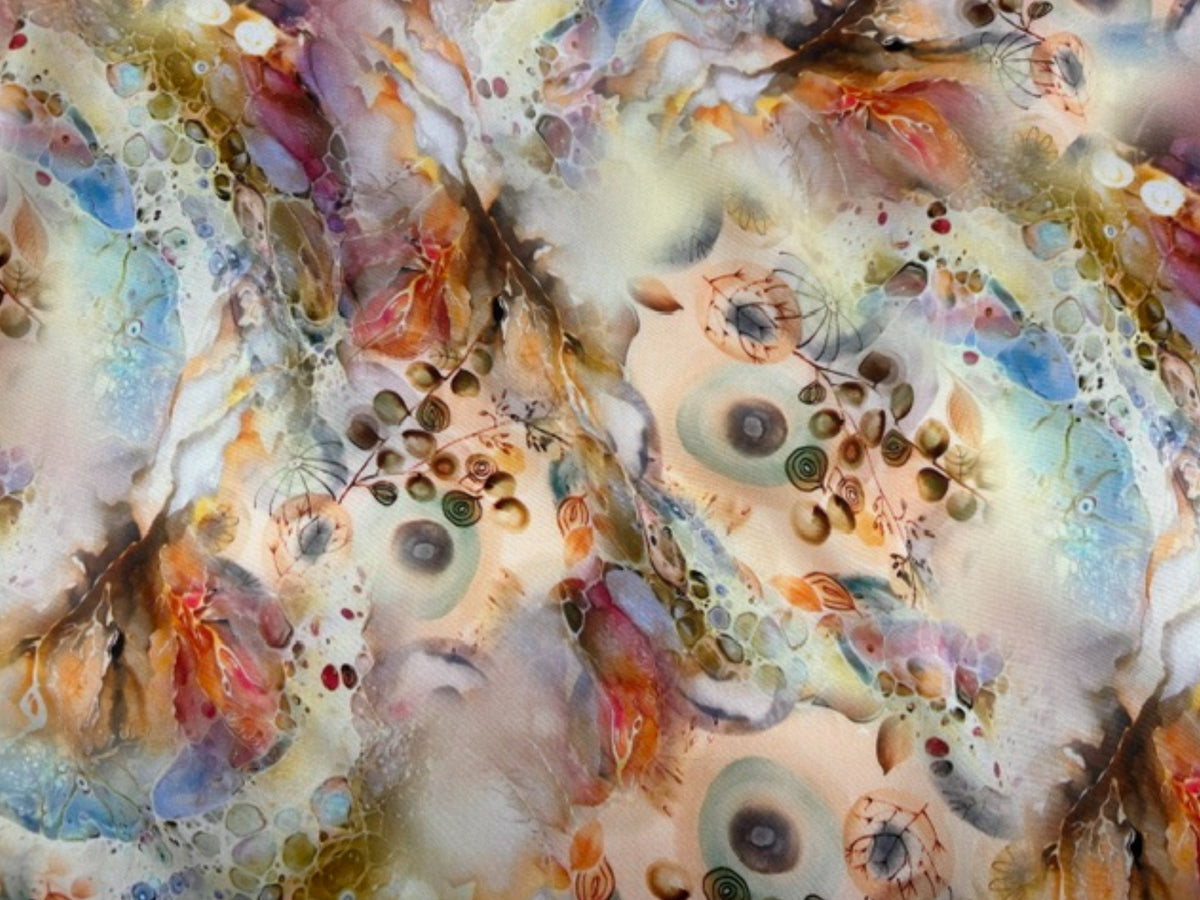 Deluxe printed viscose fabric in marine with sage and peach floral pattern, by Cheap Fabrics.