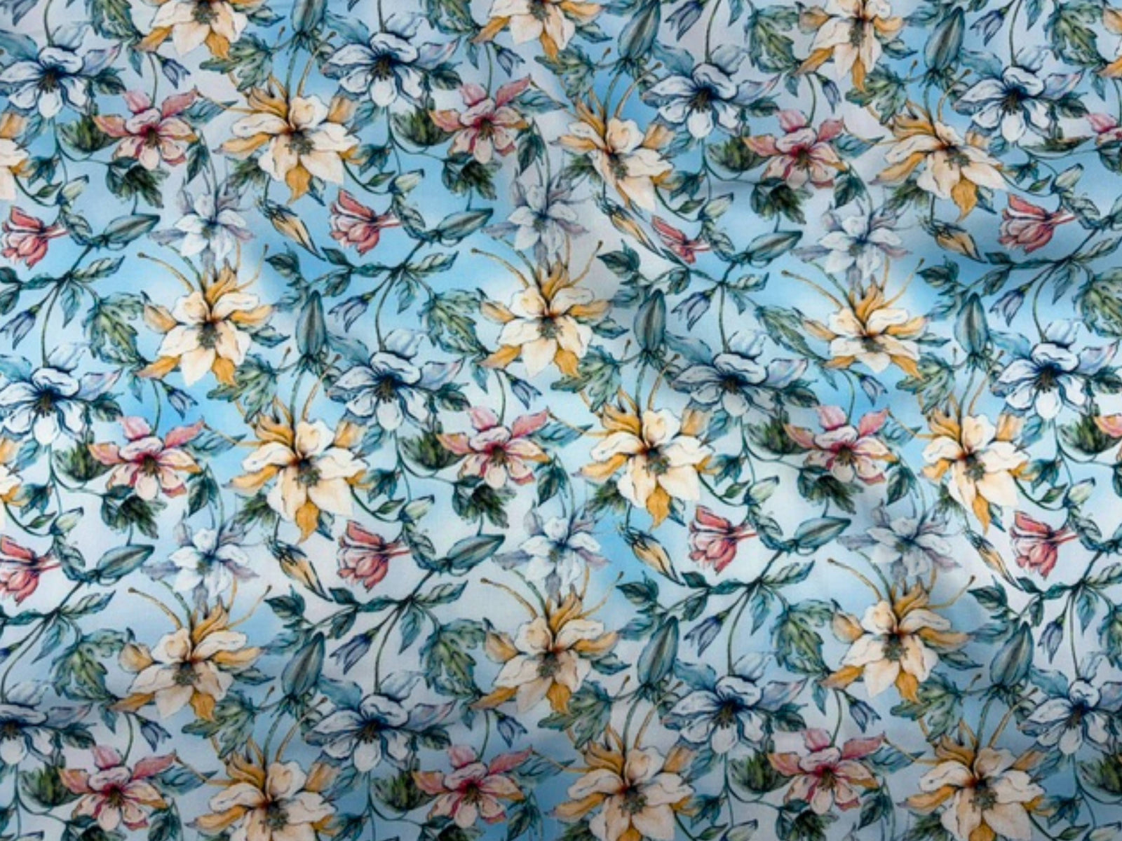 Deluxe Printed Viscose Fabric in Pastel Meadow with aqua floral pattern, by Cheap Fabrics