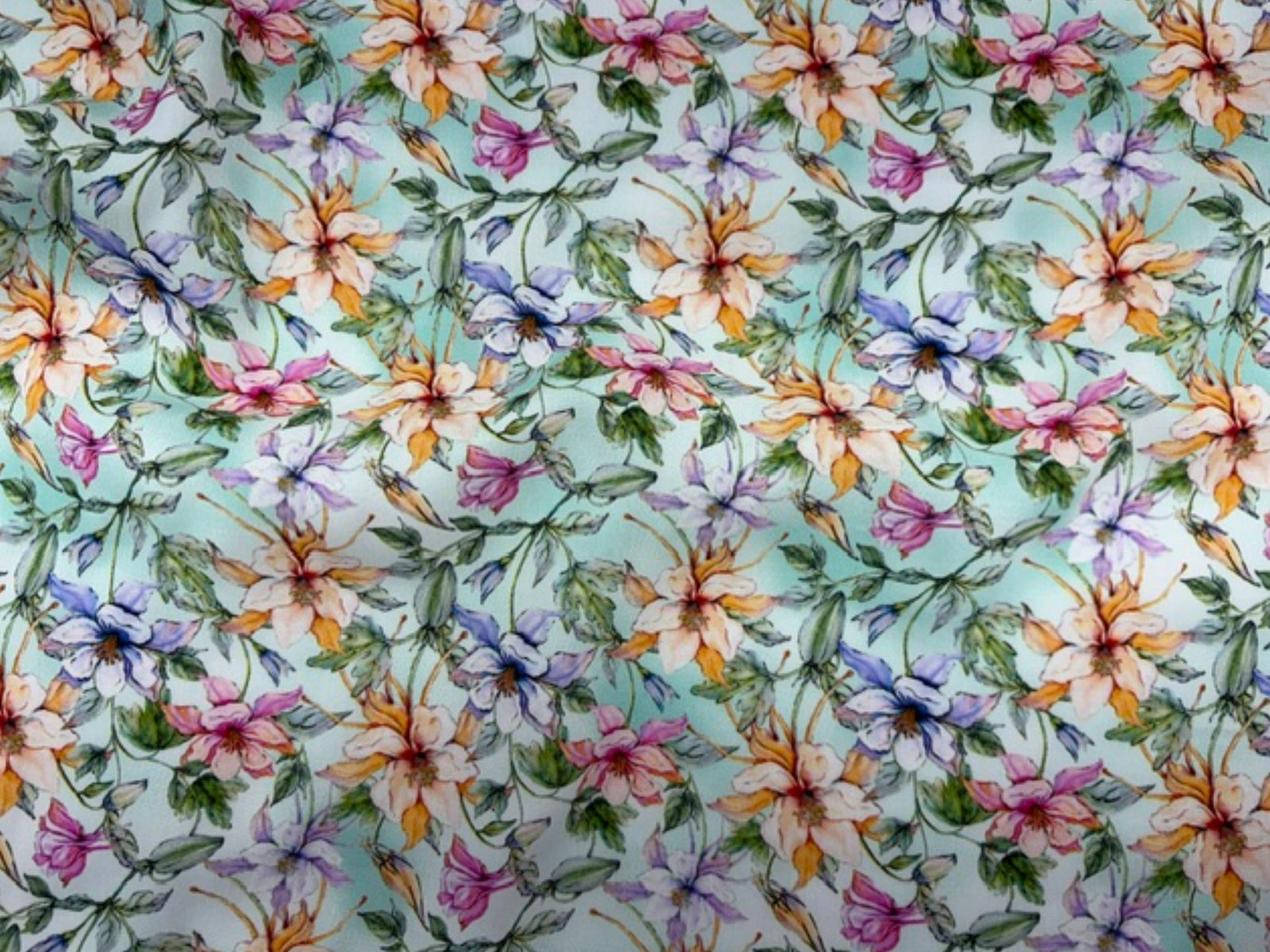 Deluxe Printed Viscose Fabric in Pastel Meadow with aqua floral pattern, by Cheap Fabrics