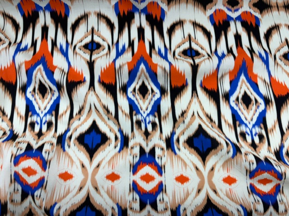 Royal tribal printed viscose fabric by Cheap Fabrics, showcasing vibrant tribal patterns on smooth, lightweight viscose material.