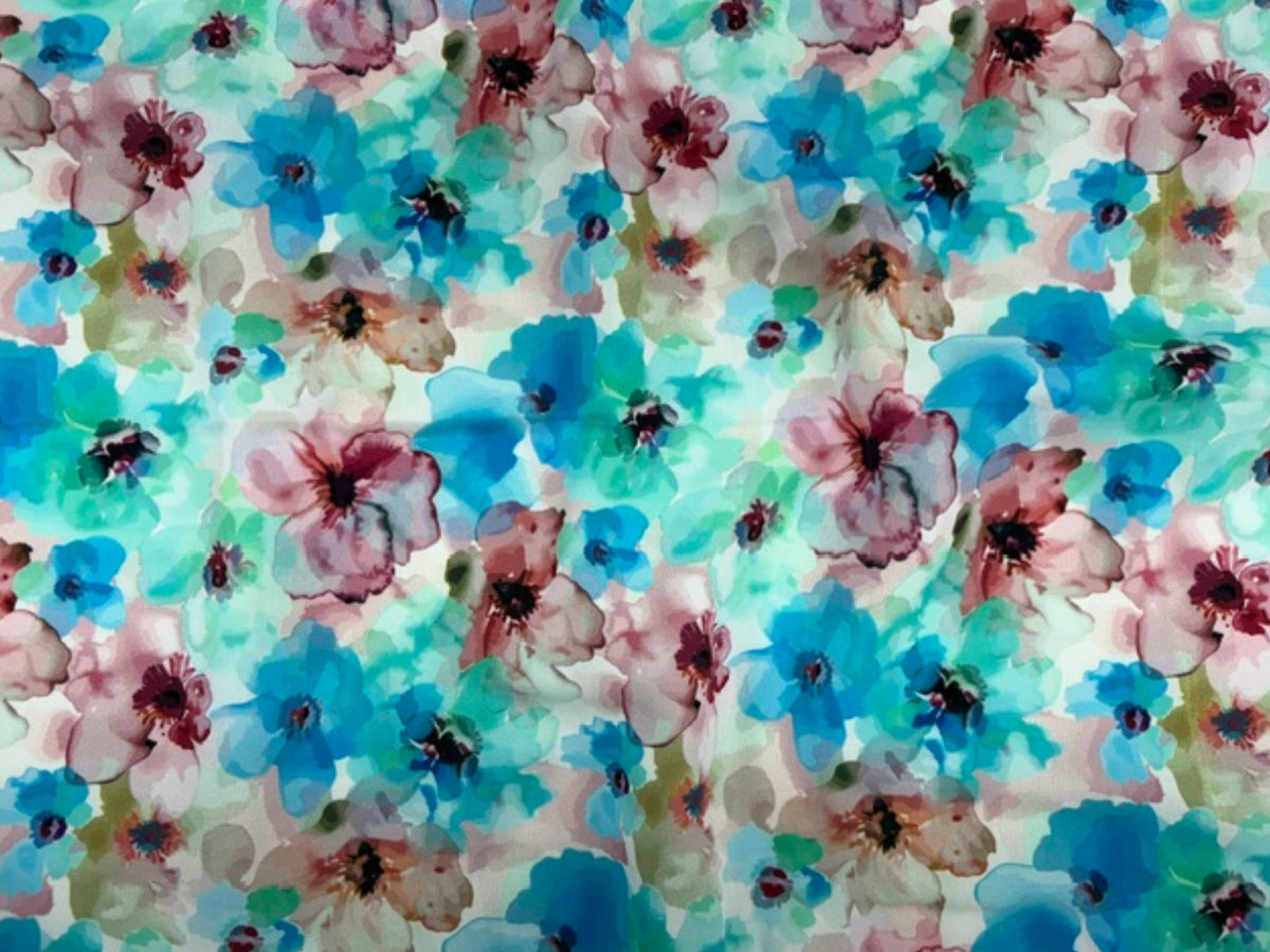 Decorative waterfloral printed viscose fabric by Cheap Fabrics, showcasing vibrant water-themed floral patterns on soft viscose material.