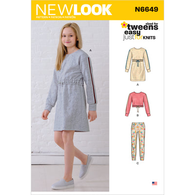 6649 New Look Sewing Pattern N6649 Girls' Knit Dress, Top, Joggers