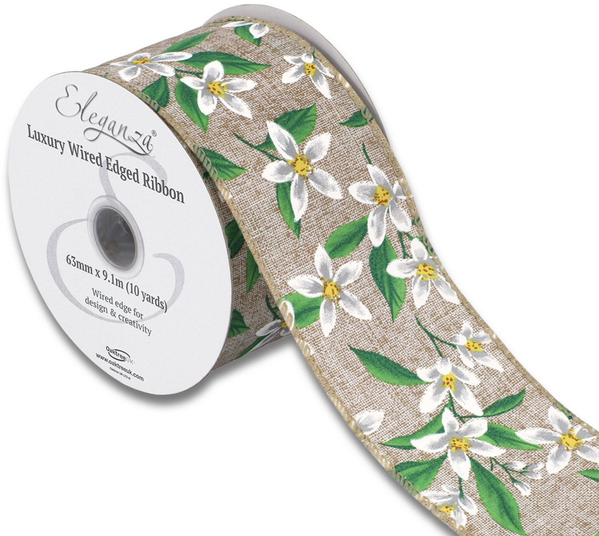 Natural Wired Edge Ribbon - Floral Pattern