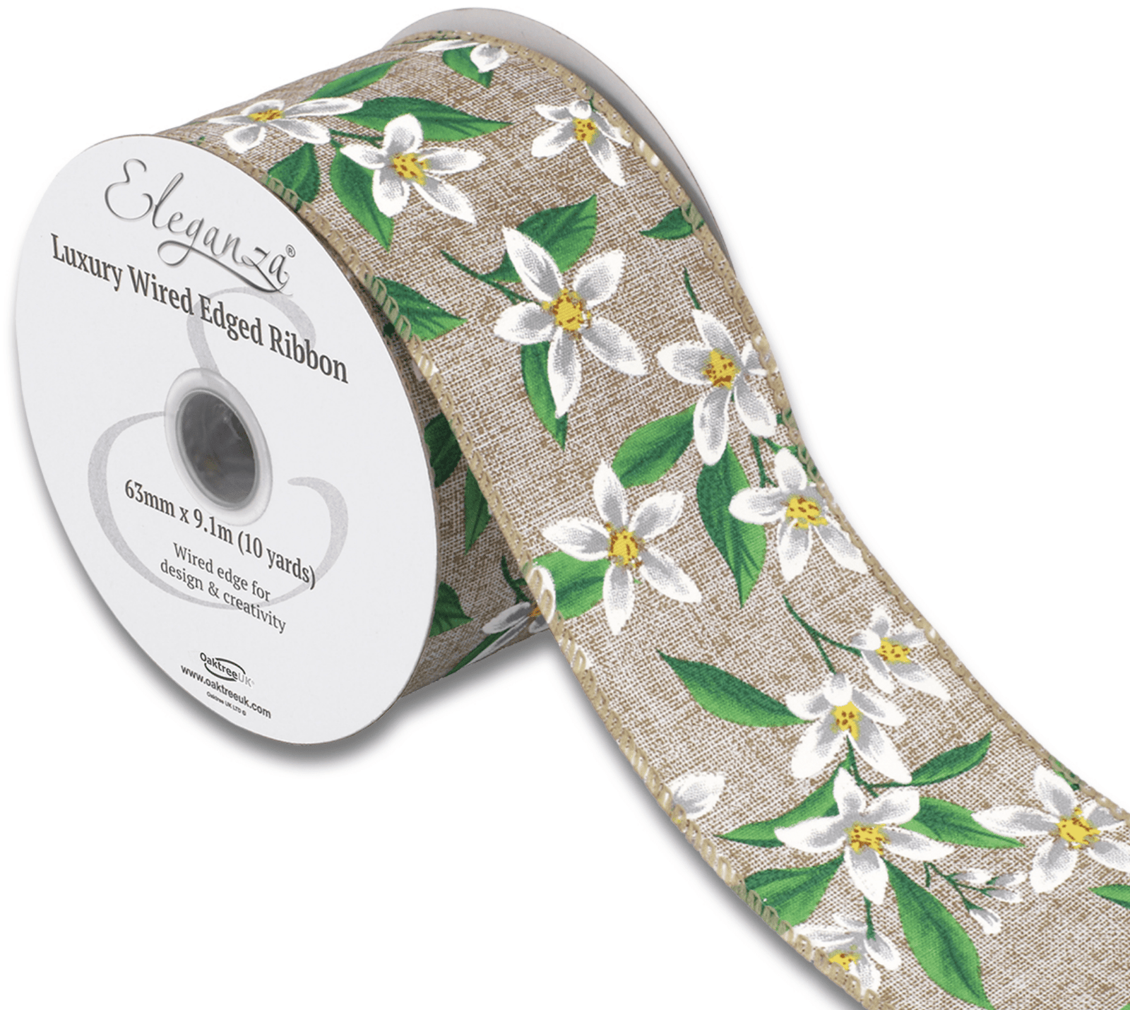 Natural Wired Edge Ribbon - Floral Pattern - Cheap Fabrics