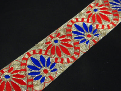 Red/Blue Bloom Wave - Embroidered Metallic Trim