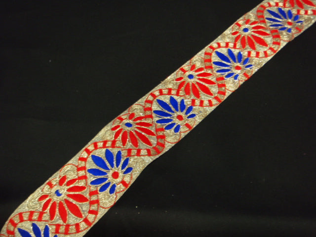 Red/Blue Bloom Wave - Embroidered Metallic Trim