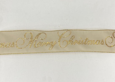 Christmas Wired Edge Organza Ribbon - Glittered Merry Christmas Script