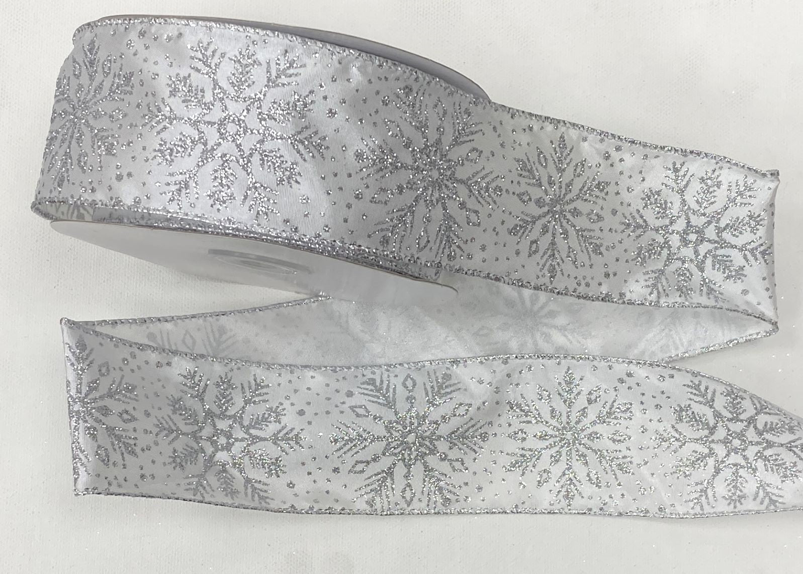 Christmas Wired Edge Organza Ribbon - Silver Glitter Snowflake