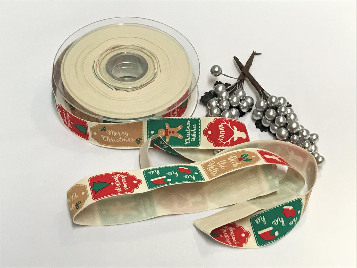 Christmas Festive Ribbon - Tags / 25mm