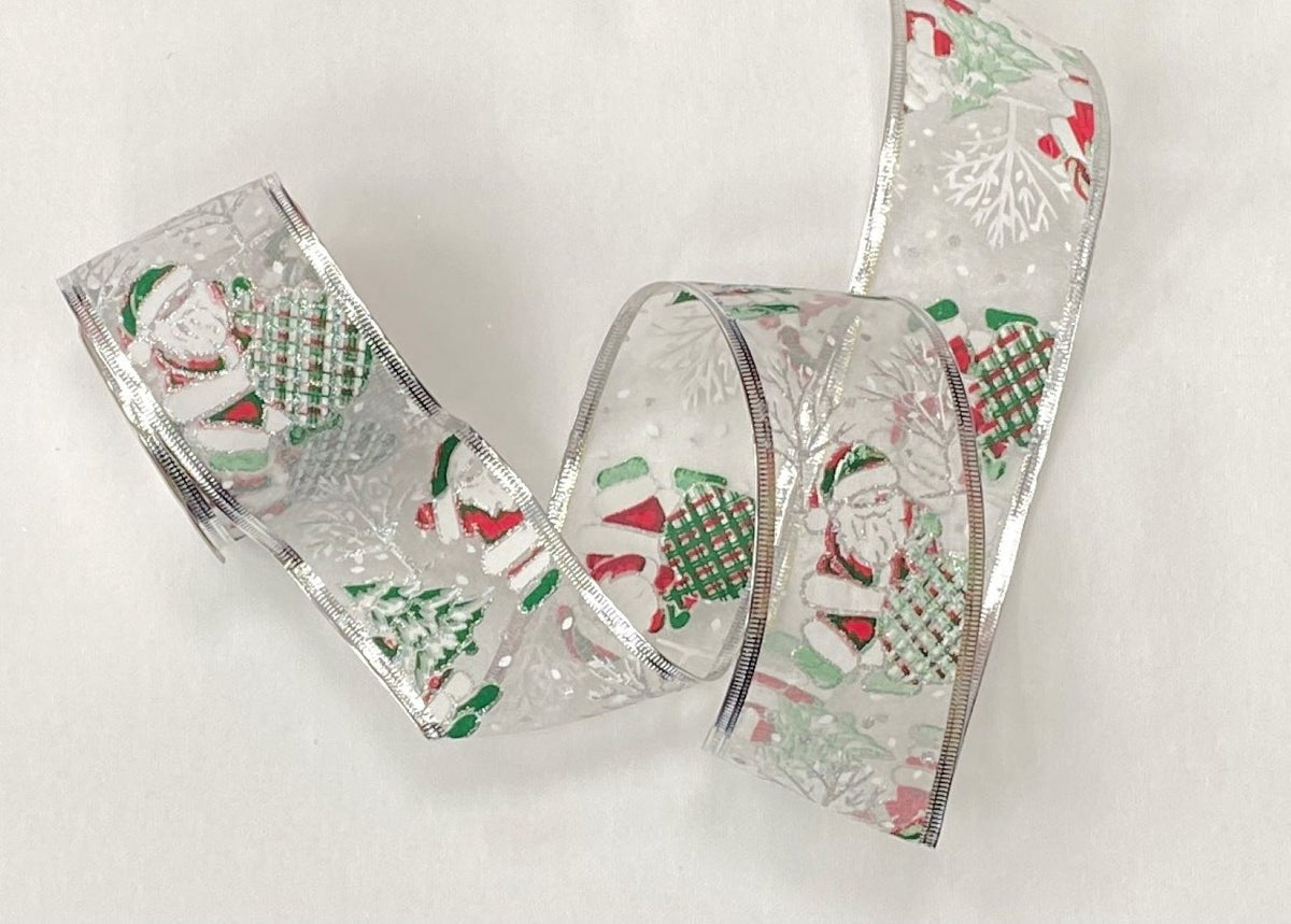 Christmas Wired Edge Organza Ribbon - Silver Glitter Santa Sack