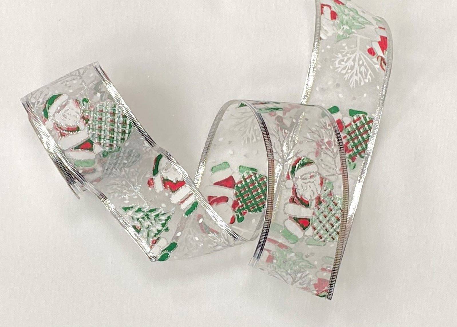 Christmas Wired Edge Organza Ribbon - Silver Glitter Santa Sack - Cheap Fabrics