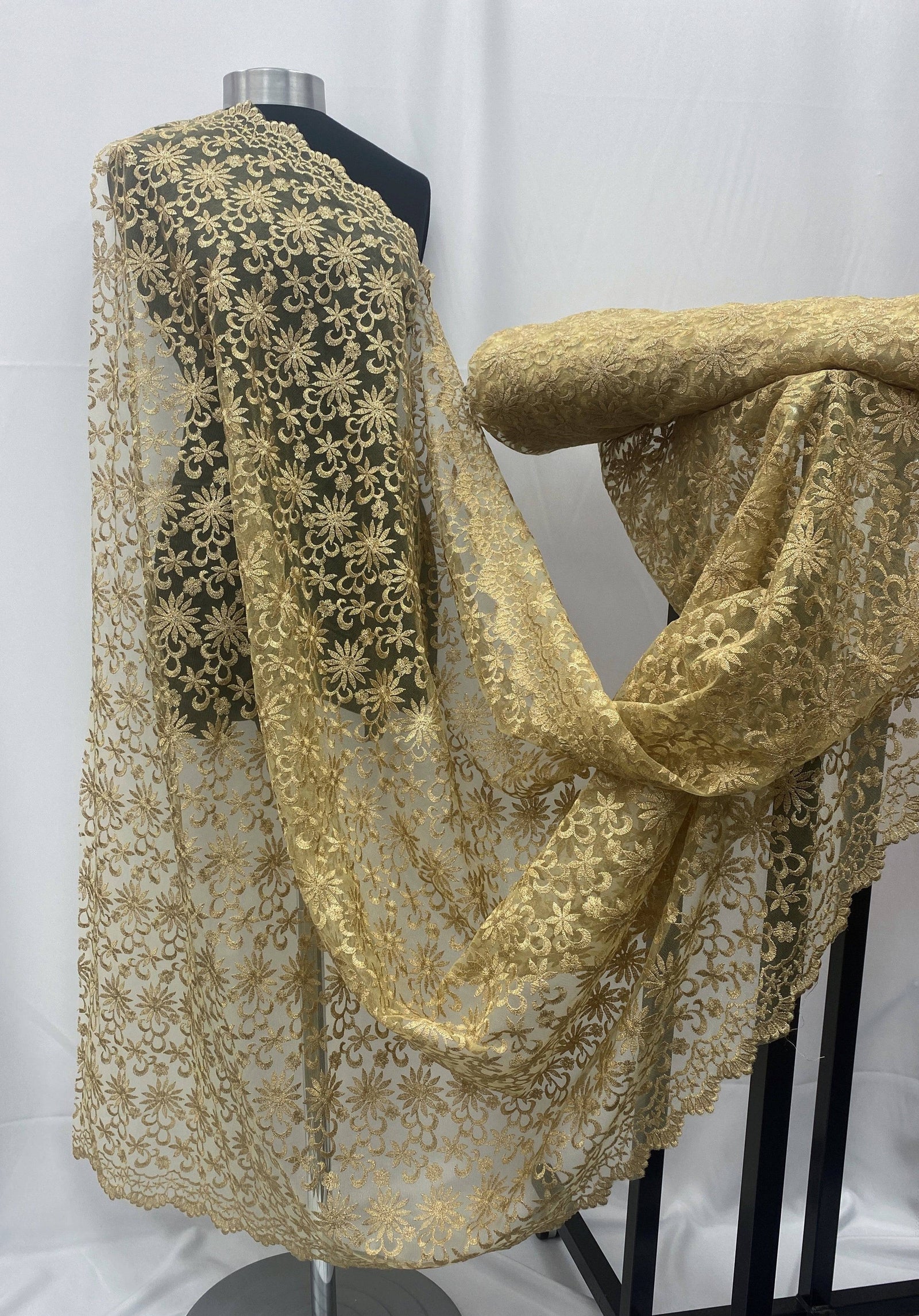 Pale Gold Bordered Scallop Edge - Clearance Embroidered Tulle - Cheap Fabrics