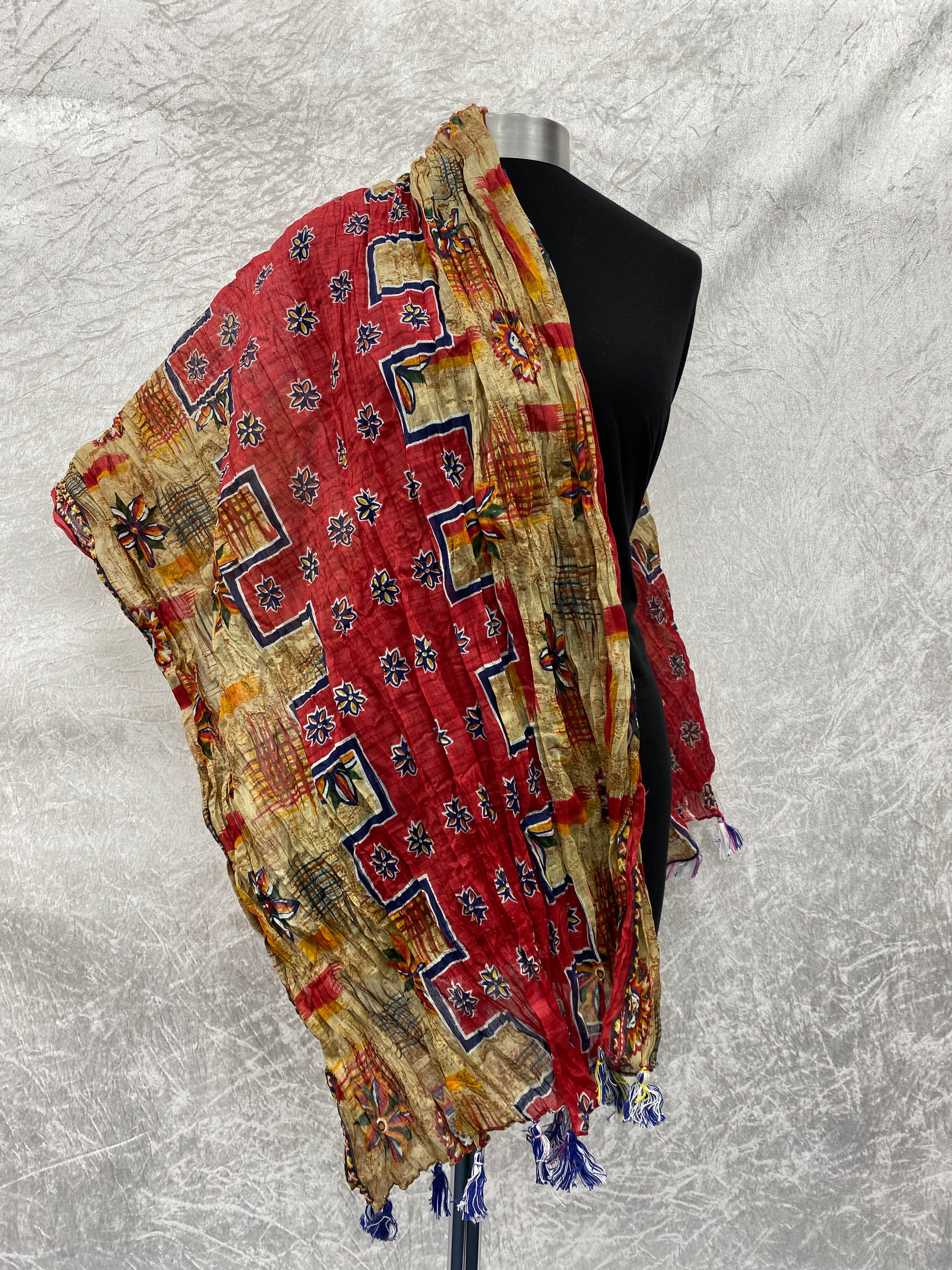 Red/Beige Floral- Starched Cotton Mix Blend Ethnic Scarf