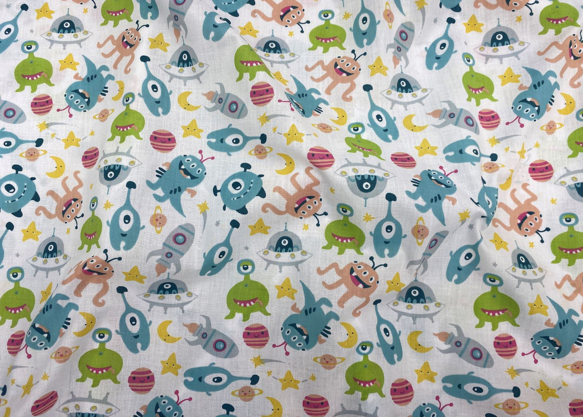 Cute Martians In Space - Novelty Poly/Cotton Print