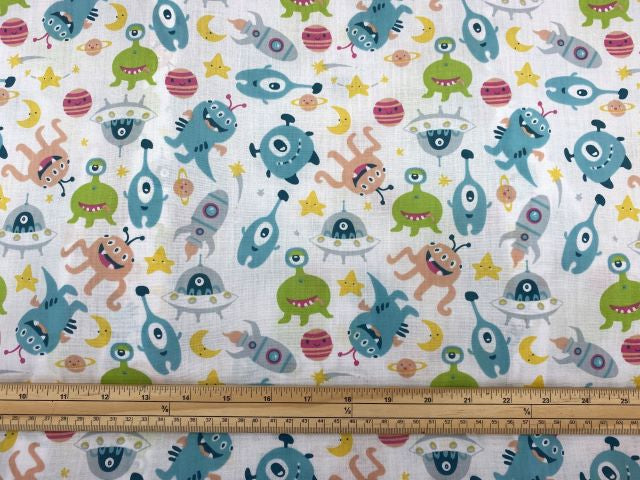 Cute Martians In Space - Novelty Poly/Cotton Print