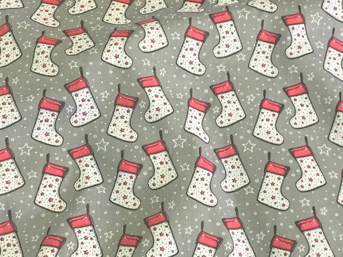 Christmas Stocking & Stars - Poly/Cotton Print