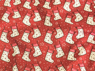 Christmas Stocking & Stars - Poly/Cotton Print