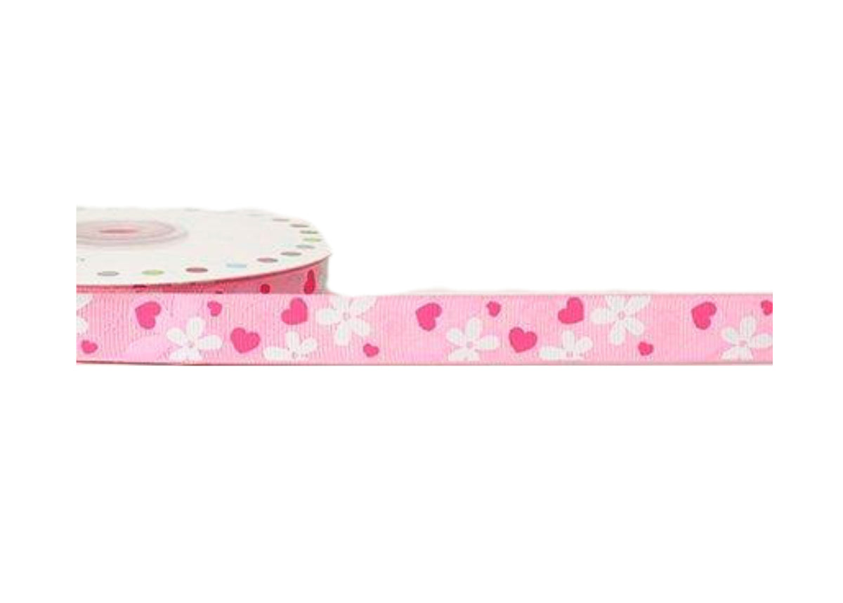 Pink Flowers And Hearts Grosgrain Ribbon