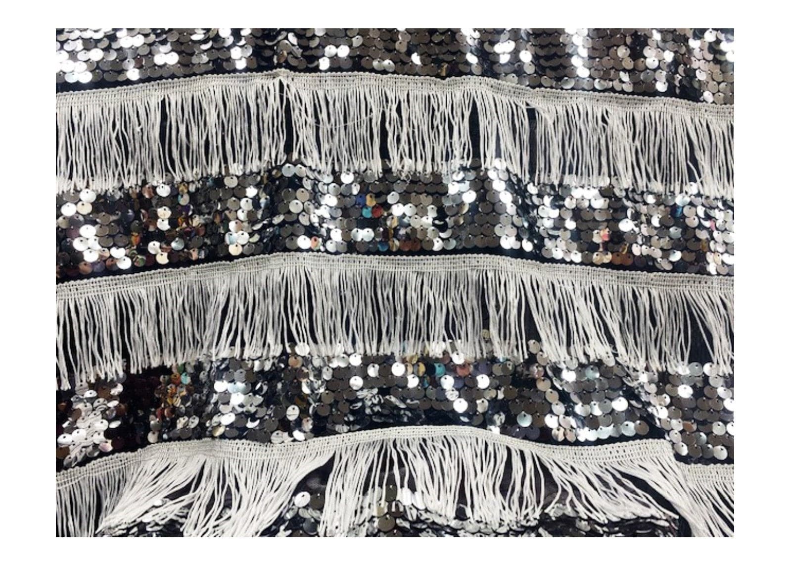 Black With White Fringing - Silver Sequinned Fabric - Cheap Fabrics