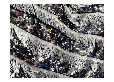 Black With White Fringing - Silver Sequinned Fabric