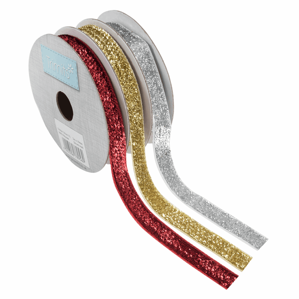 Spikly Ribbons Sparkly Ribbon - 2m x 10mm - Red Silver Gold (3 Pack)