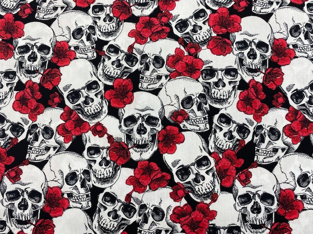 Halloween Skulls And Red Floral Party - Cotton Poplin Patchwork