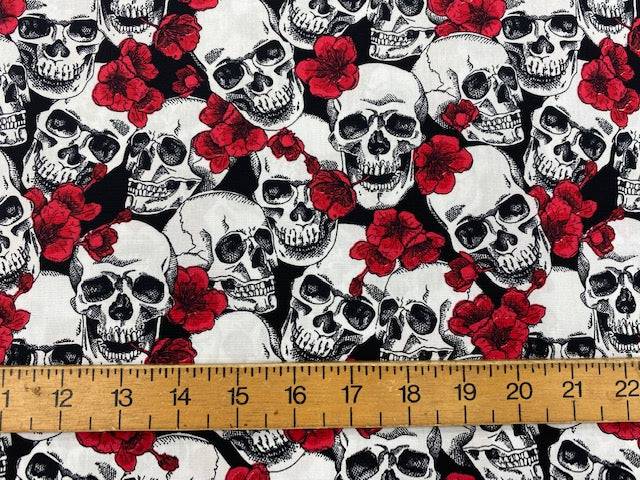 Halloween Skulls And Red Floral Party - Cotton Poplin Patchwork - Cheap Fabrics