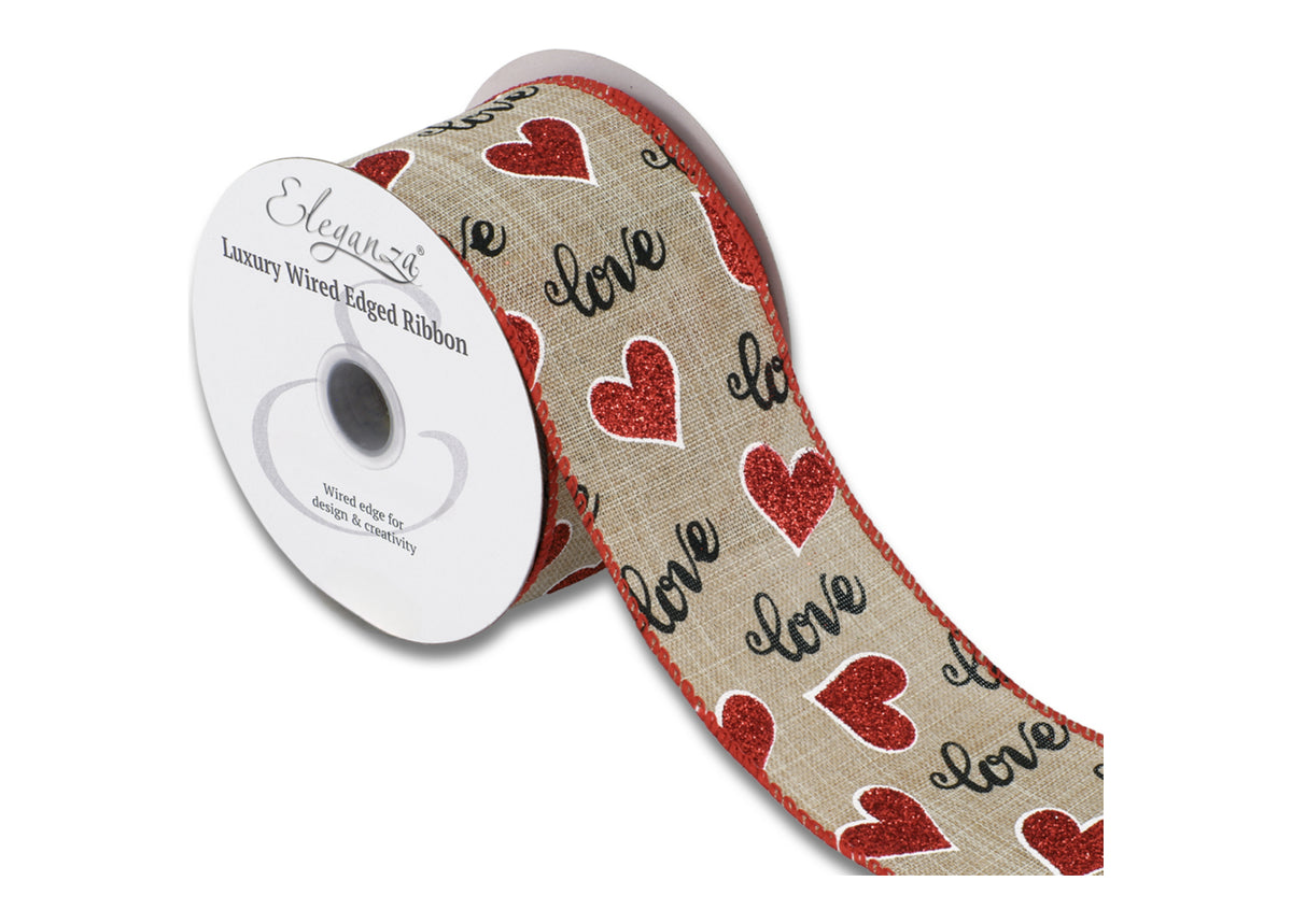 Valentines Natural Wired Edge Hessian Ribbon - Hearts/Love - Cheap Fabrics