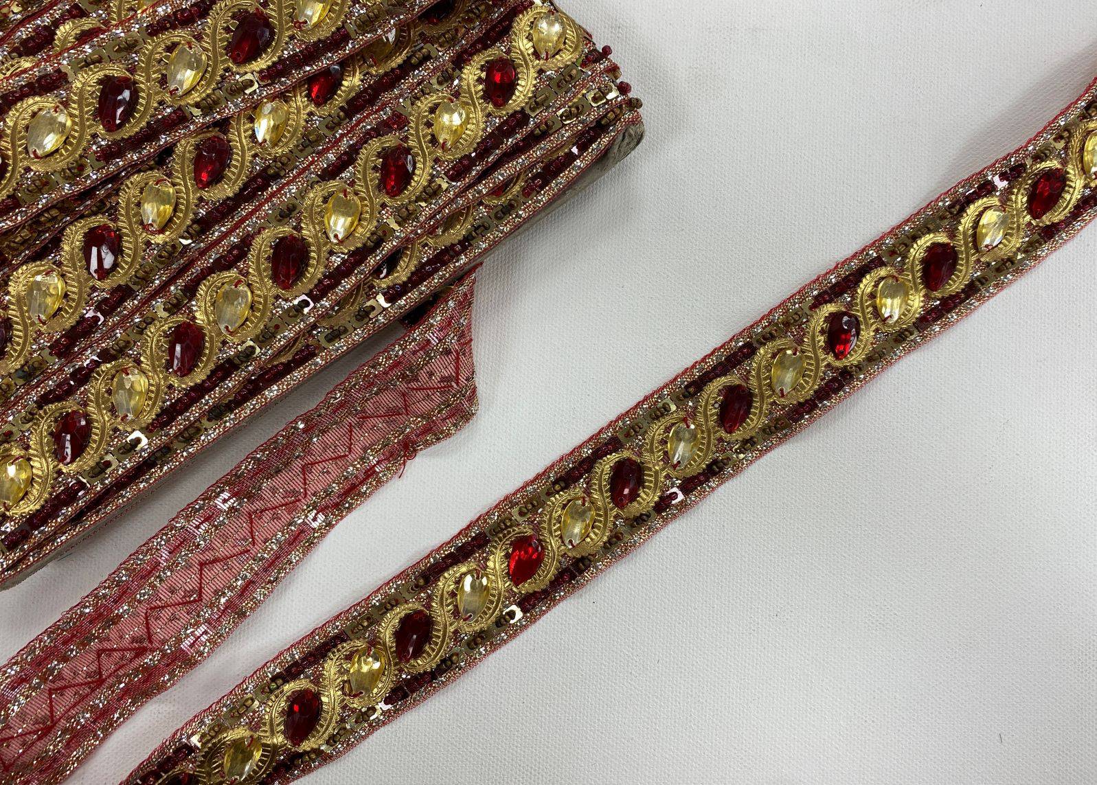 Fancy Jewel Ribbon - Metallic Leaf Shaped Gemstones - Cheap Fabrics