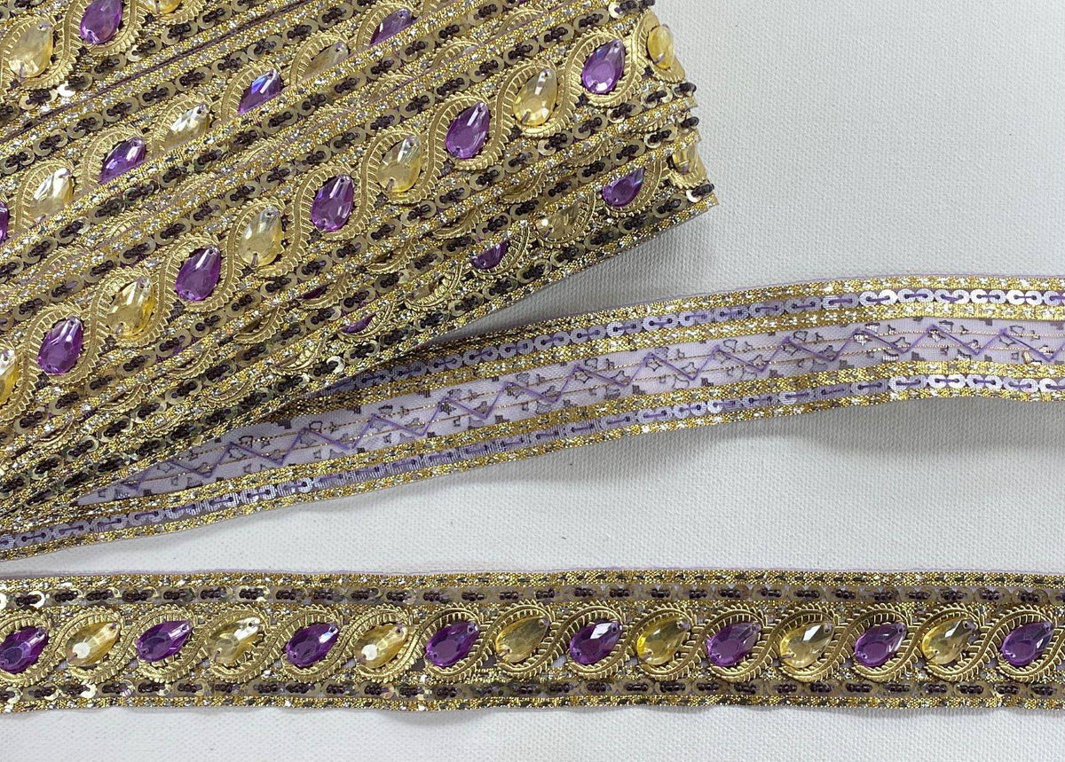 Fancy Jewel Ribbon - Metallic Leaf Shaped Gemstones