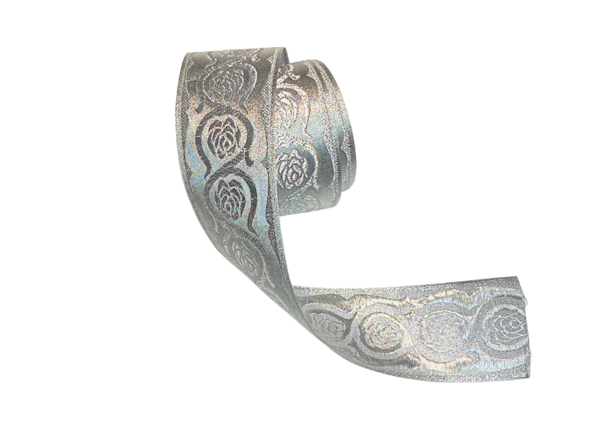 Metallic Jacquard Ribbon - Silver Tulip (45mm)