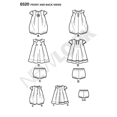 6520 New Look Pattern 6520 Babies' Romper and Dress with Panties
