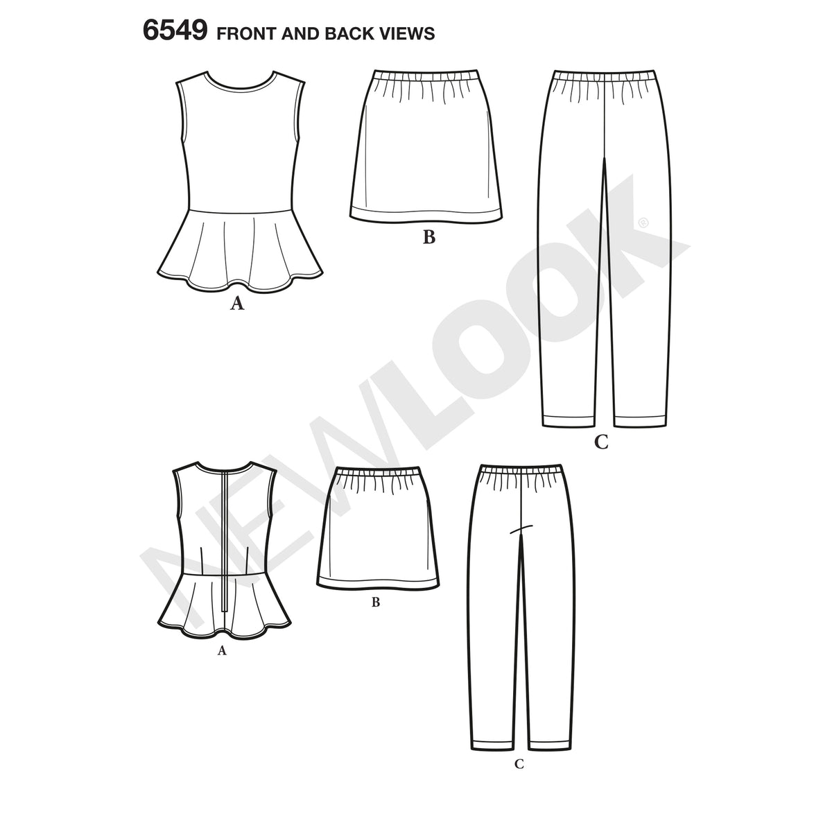 6549 New Look Pattern 6549 Girls' Top, Skirt and Pants