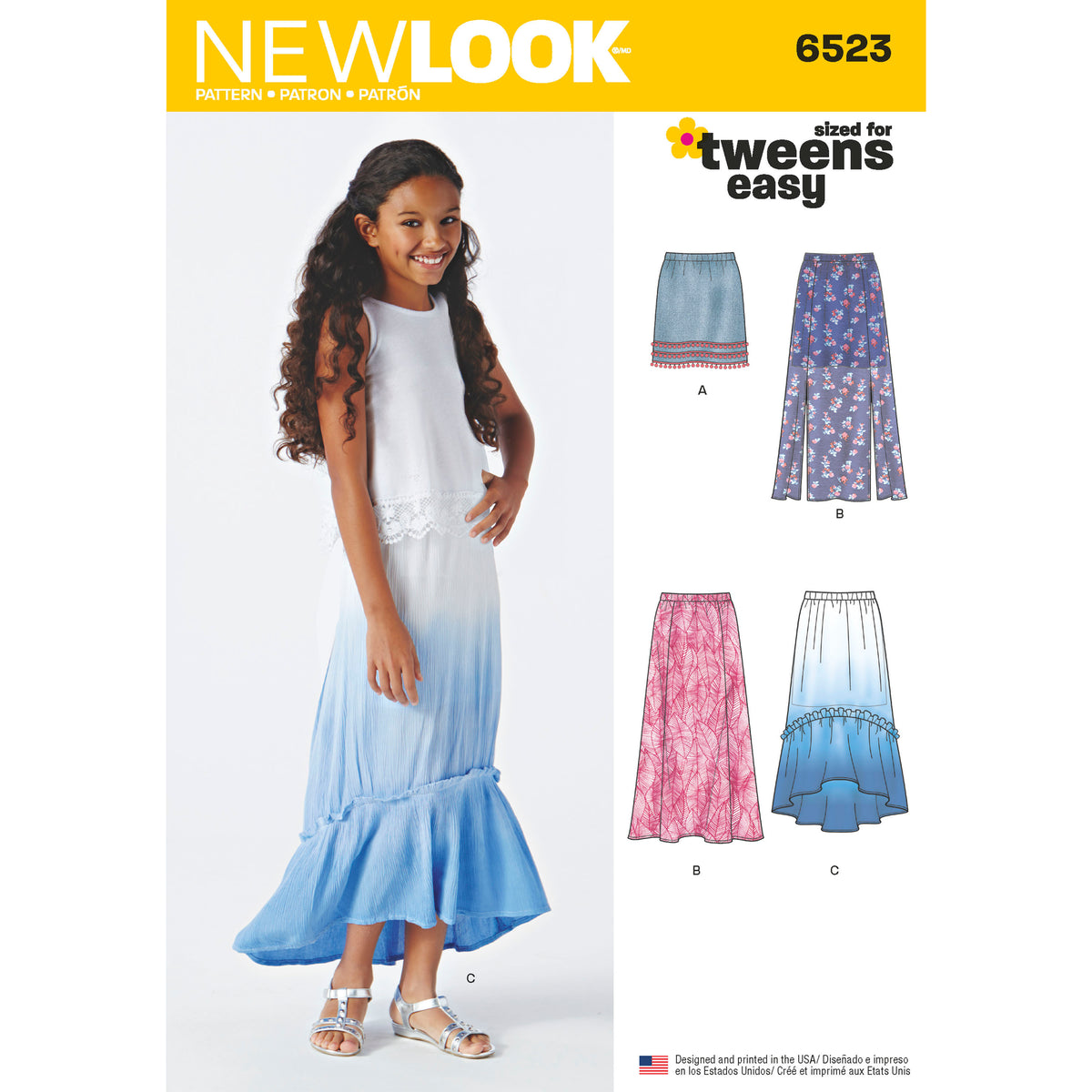 6523 New Look Pattern 6523 Girls' Skirts with Length and Fabric Variations
