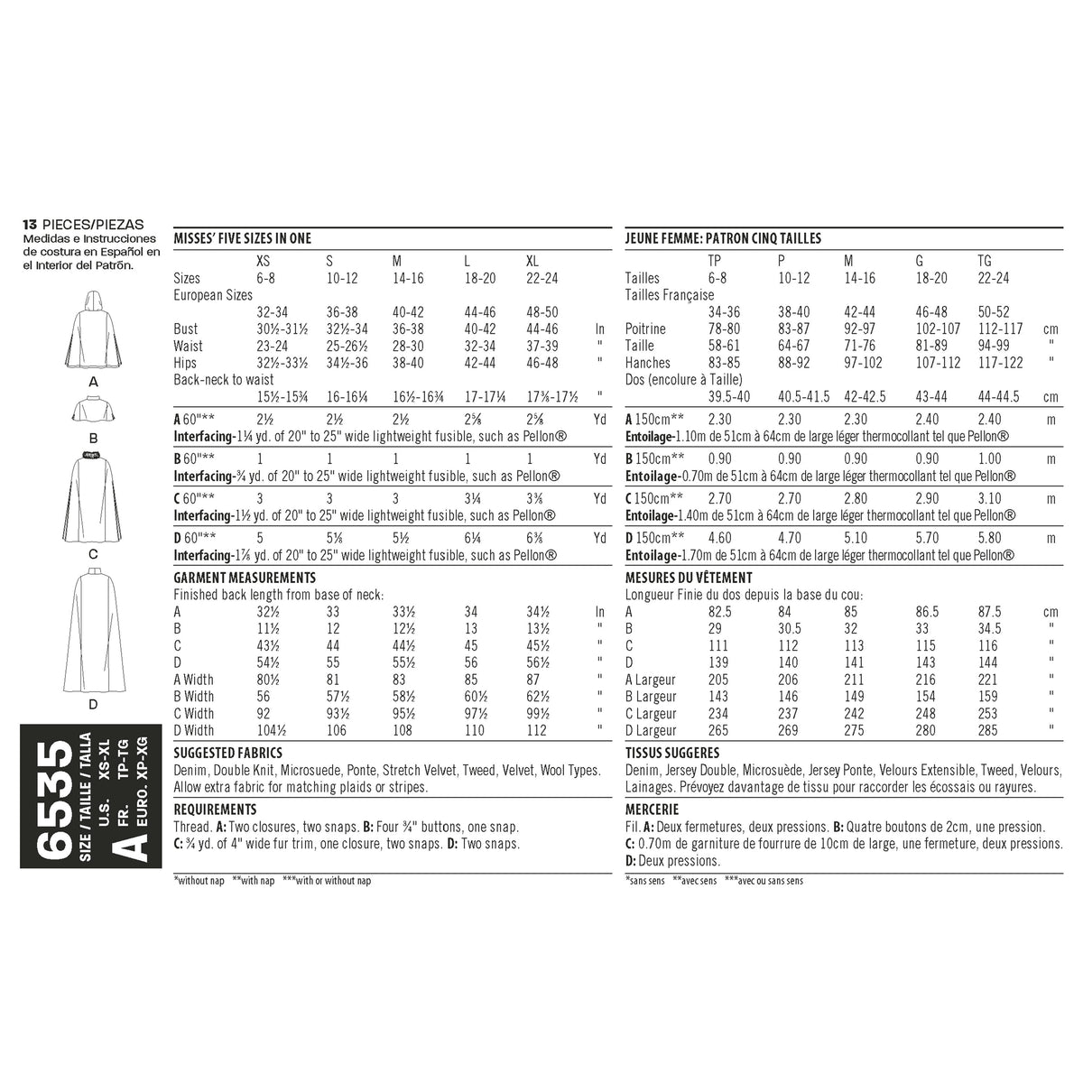 6535 New Look Pattern 6535 Women's Capes in Four Lengths