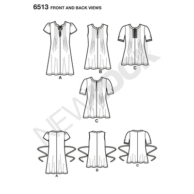 6513 New Look Pattern 6513 Women’s   Dress or Top With Sleeve and Trim Variations