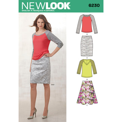 6230 Misses' Knit Top and Full or Pencil Skirt