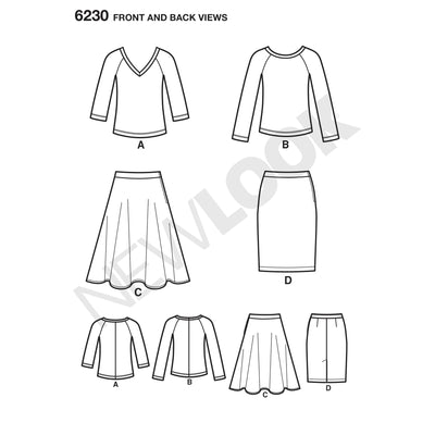 6230 Misses' Knit Top and Full or Pencil Skirt