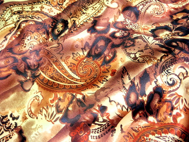 Brown Paisley Silk Printed Satin