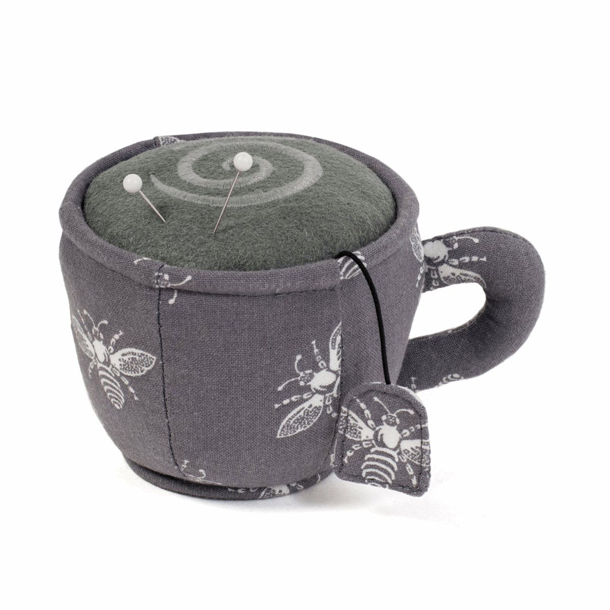 Pin Cushion Tea Cup - Grey Bees