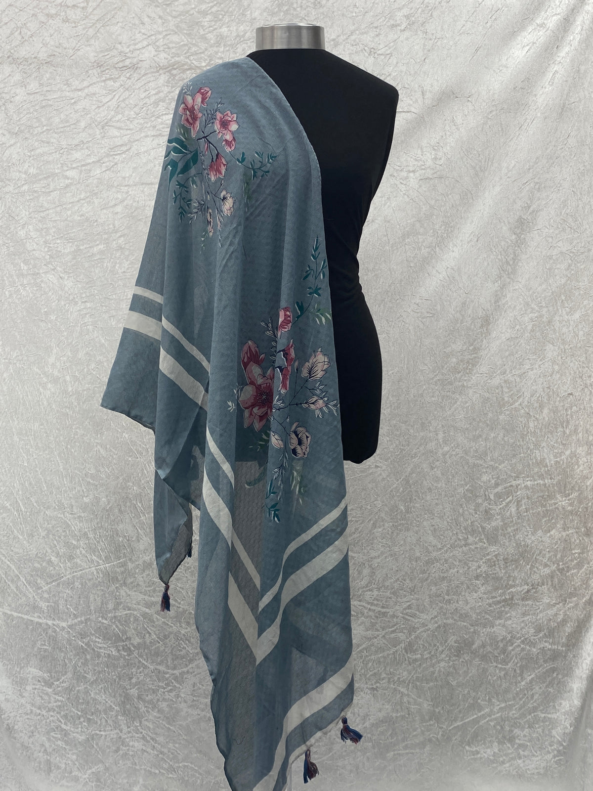 Grey One-Sided Floral  - Poly Cotton Blend Ethnic Scarf