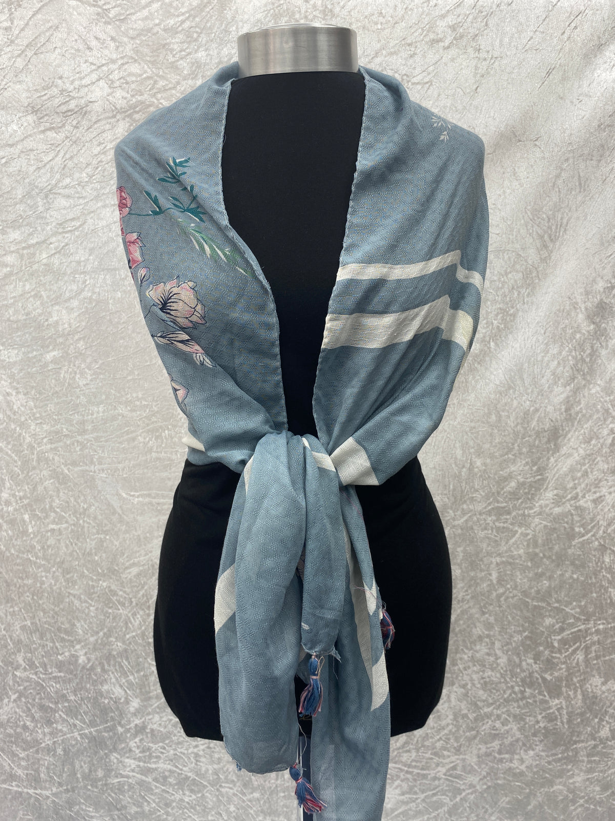 Grey One-Sided Floral  - Poly Cotton Blend Ethnic Scarf