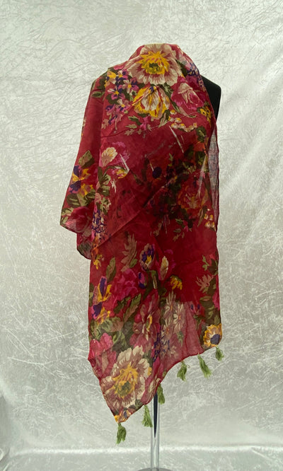 Red Flowers  - Poly Cotton Blend Ethnic Scarf (DEFECT)