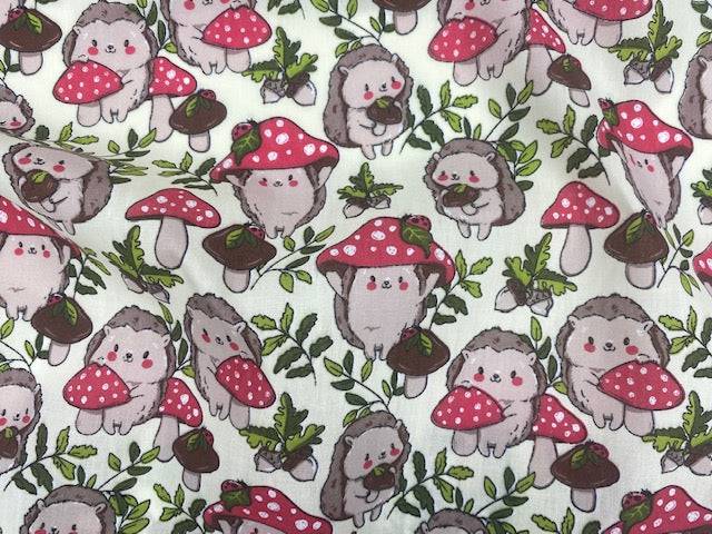 Hedgehog's Mushroom Toadstool Party  - Poly/Cotton Print - Cheap Fabrics